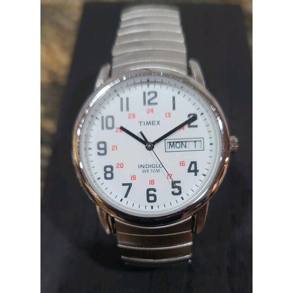 Timex Easy Reader Watch Men 35mm Silver Tone Day Date Stretch Need Battery - Picture 2 of 3